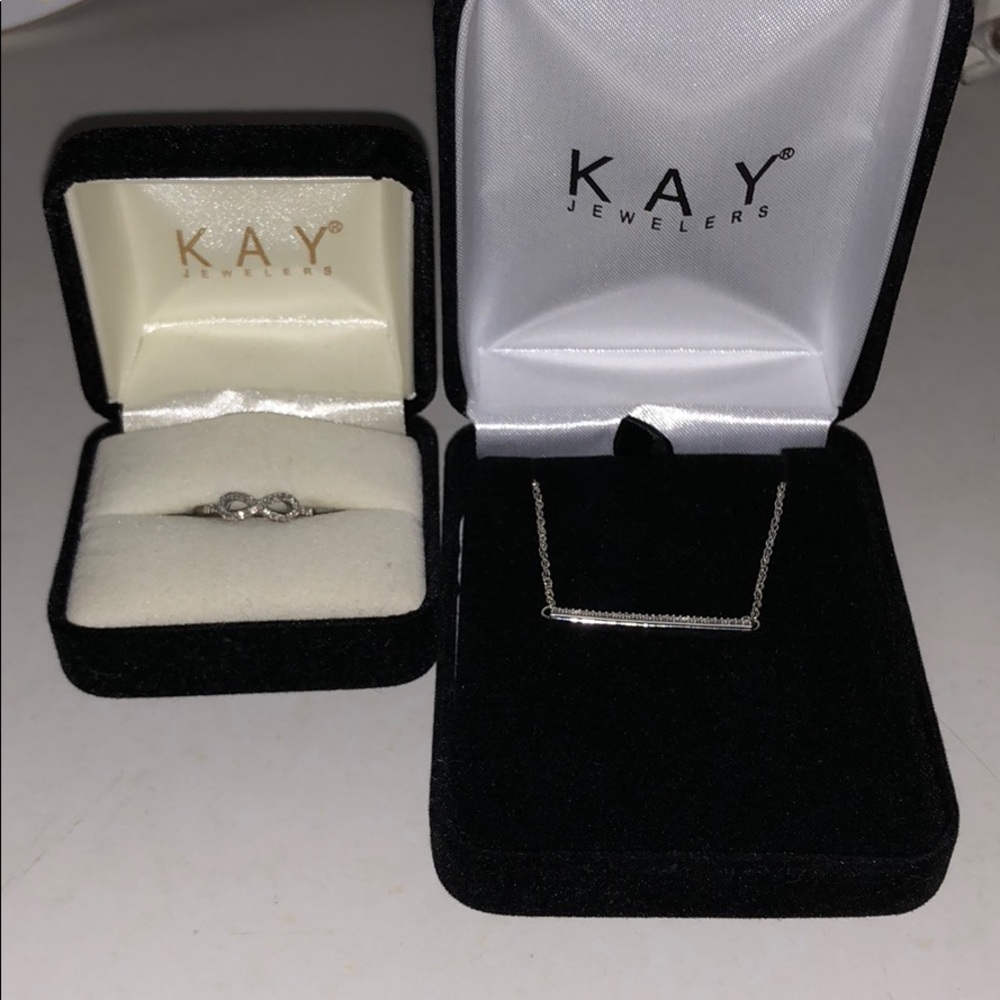 Diamond infinity ring and bar necklace